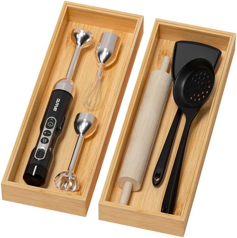 Lixple Bamboo Drawer Organizer for Kitchen & Bath, Extra Large Stackable Tray for Silverware, Toiletries & Utensils, 2 Pcs, 17" x 6" x 2" (Outer), 16.3" x 5.3" x 1.77" (Inner) - Image 1